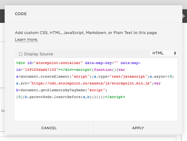 Paste the store locator embed code into Squarespace.